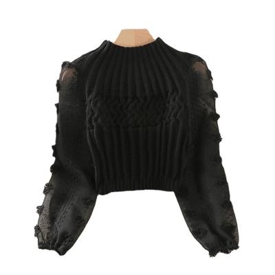 China Super Sweater 2022 New Autumn Winter Tight Slim Short Breathable Fairy Women's Sweater Mesh Stitching Puff Long Sleeve for sale