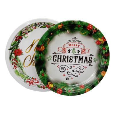 China Eco-Friendly Christmas Tinplate Decorative Metal Round Serving Tin Tray for Candy Fruit Gift Use for Daily or Bar or Wall Art for sale