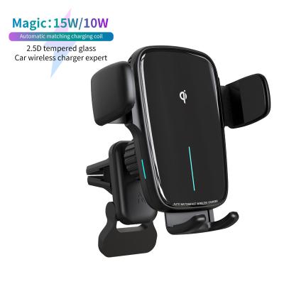 China New Arrival China-chic New Magic Qi 15w Coil Phone Holder Automatic Matching Wireless Car Charger Mount for sale