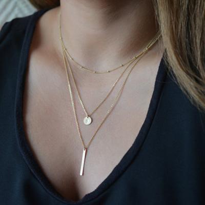 China Newly Trendy Fashion Trend Simple Statement Copper Pearl Bead Chain Layered Metal Pendant Necklace For Women for sale