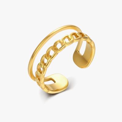 China Vintage Double-Layer Chain Hollow Ring Newly Lock Vacuum Plating Gold Stainless Steel Opening Ring For Women for sale