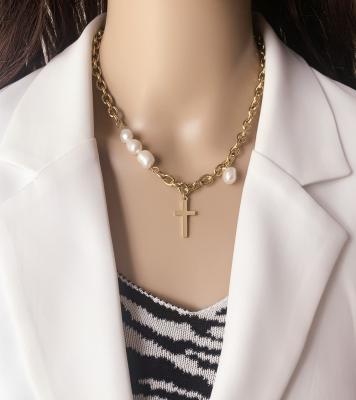 China Custom Natural Pearl TRENDY Fashion Chain Exaggerate Gold Titanium Steel Cross Pendant Necklace for sale