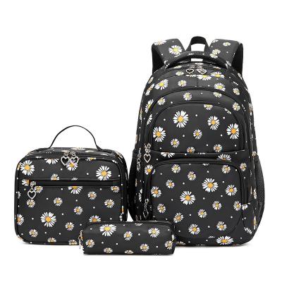 China Female Student School Travel Bag Daisy Printing Backpack Computer Bag Waterproof Three-Piece Set Girls With Lunch Bag Pencil Case for sale