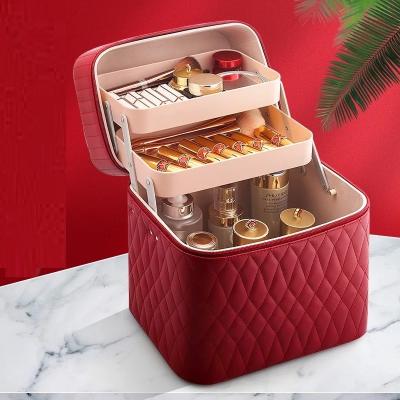 China Travel Leather Storage Storage Beauty Care Cosmetics Fashion PU Hard Makeup Case With Two Layer Drawer for sale