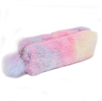 China Zipper Closure Rainbow Holographic Plush Pom Pom Pouch Pencil Case Bag for sale