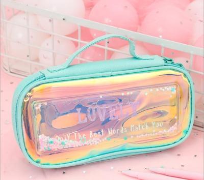 China Fashion\Comfortable\Durable Glitter Holographic Transparent PVC Pencil Case New TPU Liquid Bag With Handle for sale