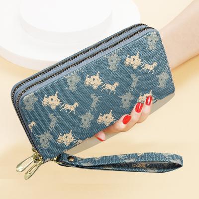 China Waterproof 2022 Cute Korean Style PU Girls Colorful Trolley Long Cash Wallet Coin Clip Card Holder Double Zipper Purse for sale