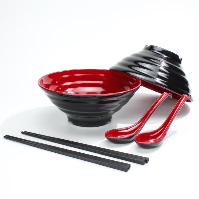 China New Japanese Style Viable Plastic Bowls Black Melamine Soup Noodle Ramen Noodle Red Bowl With Chopsticks for sale