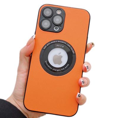 China Waterproof Premium Leather Case For iPhone 14 13 Pro Max Magnetic Wireless Charging Phone Cover LOGO Hole Glass Lens Protection for sale