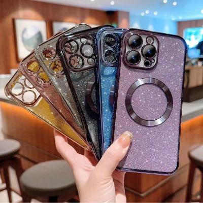 China Luxury Waterproof Electroplate Magsafe Wireless Charging Phone Case For iPhone 14 13 Pro Max Plus Soft Bumper Glitter 12 11 Cover for sale