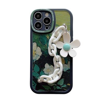 China Vintage Oil Painting Flowers Wrist Band Bracelet Chain Shockproof Phone Case For iPhone 14 13 12 11 pro Max Soft Silicone Shockproof Cover for sale