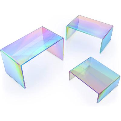 China Showing Custom Merchandise Rainbow Display Iridescent Acrylic Risers Clear Colored Acrylic Floating Shelves for sale