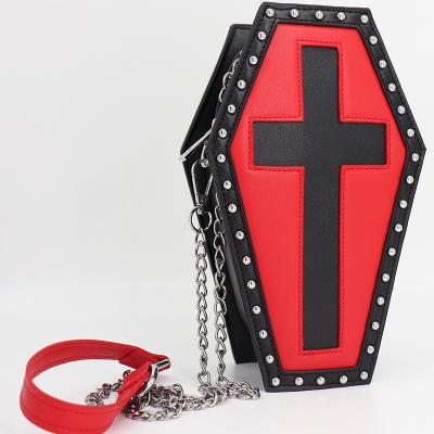 China Fashion Gothic Coffin Shaped Handbag Vegan PU Leather With Cross Rivets Body Bag Custom for sale