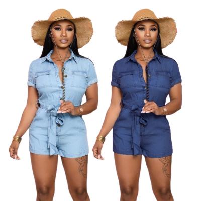 China Good Quality Viable Fashion Slimming Women Blue Denim Overalls Stylish Jean Shorts One Piece Jumpsuit Stand Button Romper for sale