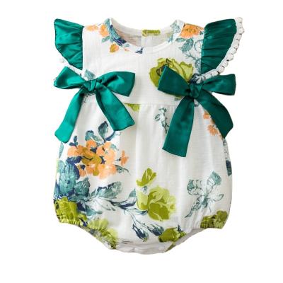 China Polyester/Cotton 2021 Summer Baby Clothes Green Flower Floral Spanish Baby Romper Bow Bowknot Shorts Sleeve Infant Clothing for sale