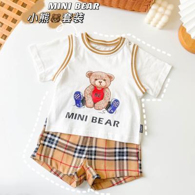 China Breathable Baby Boys Clothing Set Top Short Sleeve T-shirt MINI BEAR Top+Plaid Lattice Infant Shorts Outfit Clothing Set Suit Korean for sale