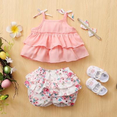 China 2021 Summer Baby Clothing Set Anti-Shrink Girl Pink Tie Top Layered Cake Shirt+ Flamingo Bird Print Ruffled PP Short Toddler Clothing for sale