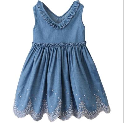 China Casual Girl Casual Round Neck With Ear Edge And Positioning Flower Denim Vest Skirt Baby Kids Wear Denim for sale