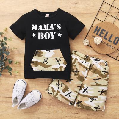 China Black MOM Clothing Casual Summer Boy Shirt BOY Print Camouflage Flat Short Pant Top 2 Piece Clothing Set Outfit for sale