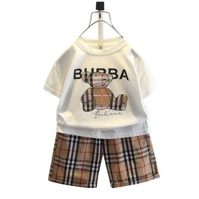 China 2021 Summer Boys Casual Clothing Set Bear Top T-shirt Short Sleeve + Plaid Medium Pant 2 Pieces Clothes Children's Tracksuit Outwear for sale