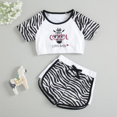 China Summer Toddler Kids Tracksuit Shorts Shirt+Shorts LOVE BABY Letters Print Zebra Stripe Sleeve Girls Summer Casual Clothes Set for sale