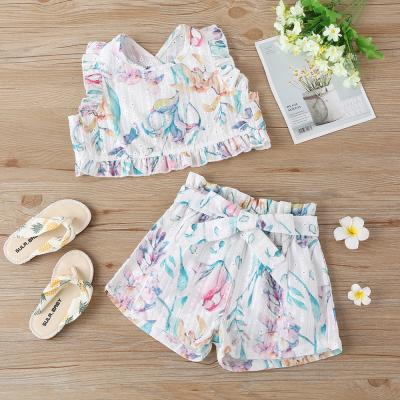 China Kid Girl Summer Casual Outfit Set Blue Yellow Ruffle Sleeve Shirt+bow 2 Piece Flow Print Print Shorts Top Girls Clothing Sets for sale