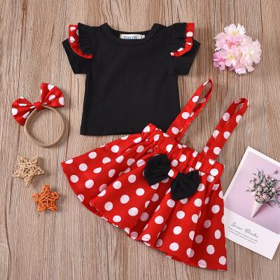 China Casual Cartoon Summer 3 Pieces Girls Clothing Kids Set Shirt Layered Short Sleeve + Polk Headband+black Dot Bow Red Suspender Skirt for sale