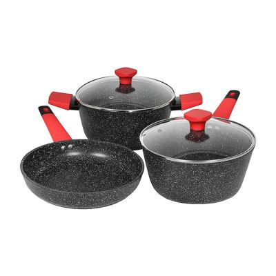 China Sustainable 5 Pcs Home Kitchen Marble Coating Forged Aluminum With Soft Touch Silicone Nonstick Pan And Pot Cookware Set for sale