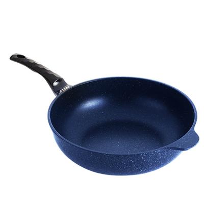 China 32cm Viable Die Cast Iron Blue Marble Coating Non Smokeless Stick Burner Wok Pan for sale