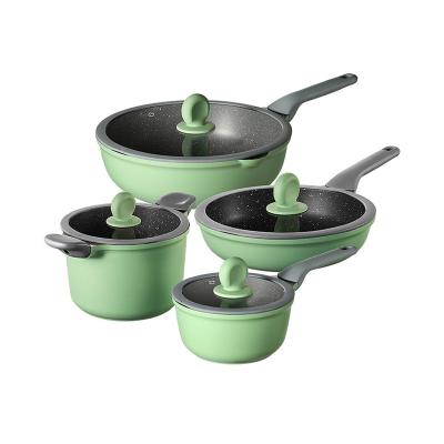 China Viable Die Casting Beautiful Green Aluminum Induction Bottom Non-stick Cooking Pot Cookware Set for sale