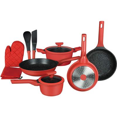 China Durable High Quality Professional Aluminum Casting Soft Touch Handle Cooking Nonstick Marble Stone Cookware Sets for sale