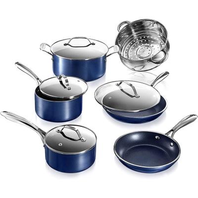 China 5pcs Viable Pressed Diamond Triple Coated Surface Aluminum Classic Blue Pots And Pans Set Nonstick Cookware Set for sale