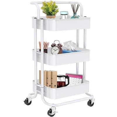 China Corrosion Protection 3-Tier Rolling Utility Cart Multifunctional Metal Organization Storage Cart with 2 Lockable Wheels for sale