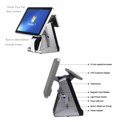 China Retail All In One POS Terminal 15 Inch Built In 80mm Thermal Printer POS System Capacitive Touch Screen Panel for sale