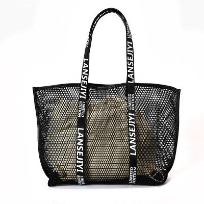 China 2019 Copper Buckle Fashion Summer Fashion Print Large Capacity Mesh Beach Tote Bag Personality Cavity Grid Handbag for sale