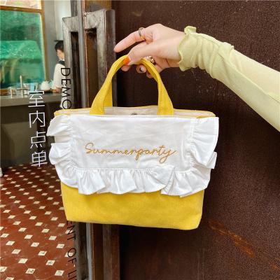 China Softback Fashion Office School Tote Lunch Bag Lovely Corrugated Edge Tote Lunch Bag Lovely Corrugated Korean Chic Cotton Custom Embroidery Handbag for sale