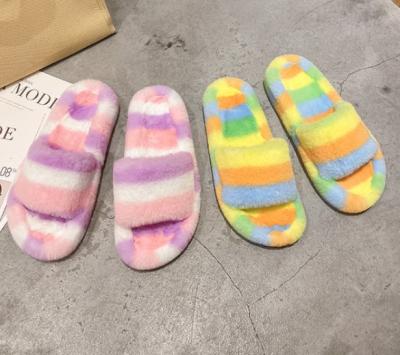 China Selling Women Rabbit Outdoor Slippers Custom Made Luxury Warm Lightweight Fur Colorful Indoor Rainbow Tie-Dye Fluffy Shoes for sale