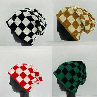 China Japanese Style 100% Winter Fashion INS Acrylic Jacquard Lattice Hat Striped Warm Checkerboard Knitted Woolen Slouchy Beanies for sale