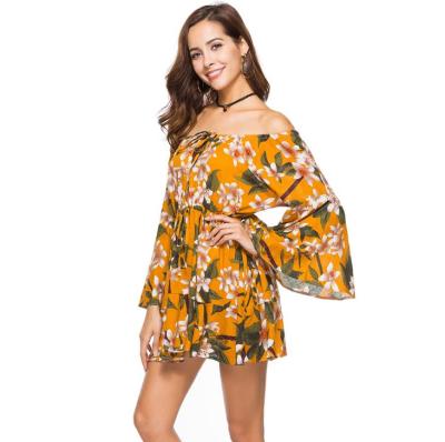 China 2020 Summer Women's Anti-Static Yellow Bohemian Off The Shoulder Dress Floral Print Casual Ladies Ruffled Dress for sale