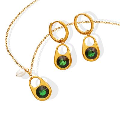 China 2022 Retro New Style French Neutral Personality Titanium Steel Pull Ring Green Zircon Inlaid Necklace Earring Sets For Women Jewelry for sale