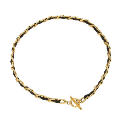 China New Arrival TRENDY Design Titanium Steel 18k Gold Plated Leather Rope Fashion Jewelry Necklace Bracelet Set for sale