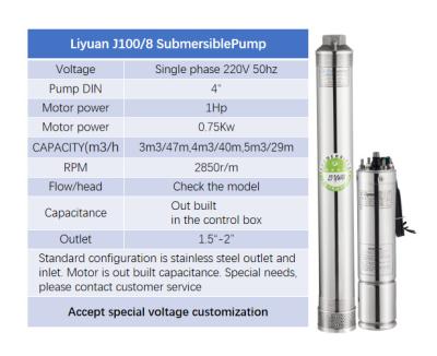 China 1hp ATA water pump developing world water solutions J100/8 series solar submersible motor price agriculture 0.75Kw 53m for sale