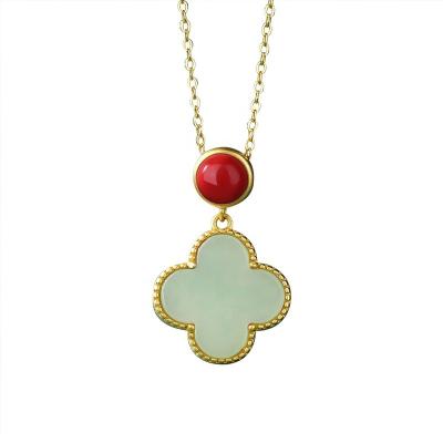 China Hetian CLASSIC Jade Lucky Clover Necklace S925 Sterling Silver Geometric Leaves Strand for sale