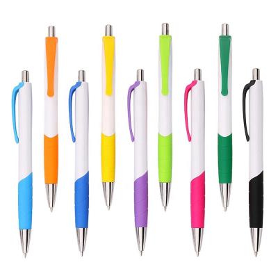 China Normal Refill Wholesale Promotional Customized Logo Printed Solid White Plastic Ballpoint Pen With Colorful Clip And Grip for sale