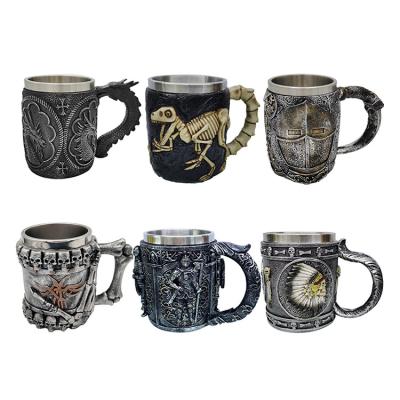 China Viable 3D Skull Bar Mug Resin Double-Layer Stainless Steel Mug Art Decor Skull Bone Lava Coffee Drinks Mug for sale