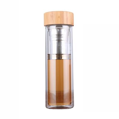 China Double Wall Glass Bottle Sustainable Tea Coffee Tumbler Bamboo Lid With Stainless Steel Infuser for sale