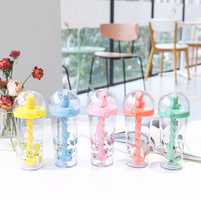 China 500ml Mini Creative Animal Printed Outdoor Sports Viable Cup With Threaded Straw Student Plastic Water Cup for sale