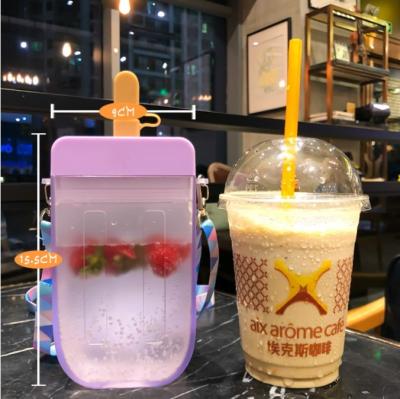 China Viable Plastic Popsicle Shaped 3D Cup Sealed Straw Plastic Cup Teenage Student Water Leakproof Cup With Strap for sale