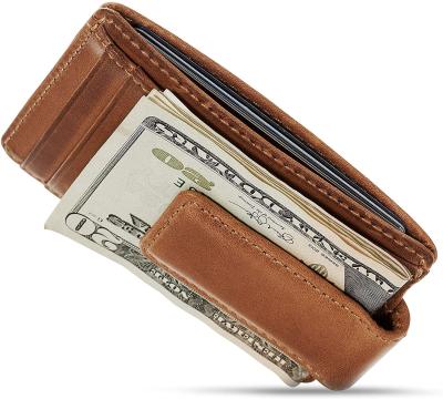 China Leather Men's Money Clip Wallet with Tab Slim Front Pocket Strong Magnetic Wallet and Exterior ID Window for sale