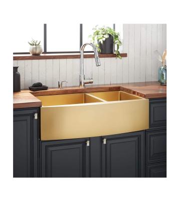 China Without Faucet Best Quality Farmhouse Sink Double Bowl Gold Brushed Sink for sale